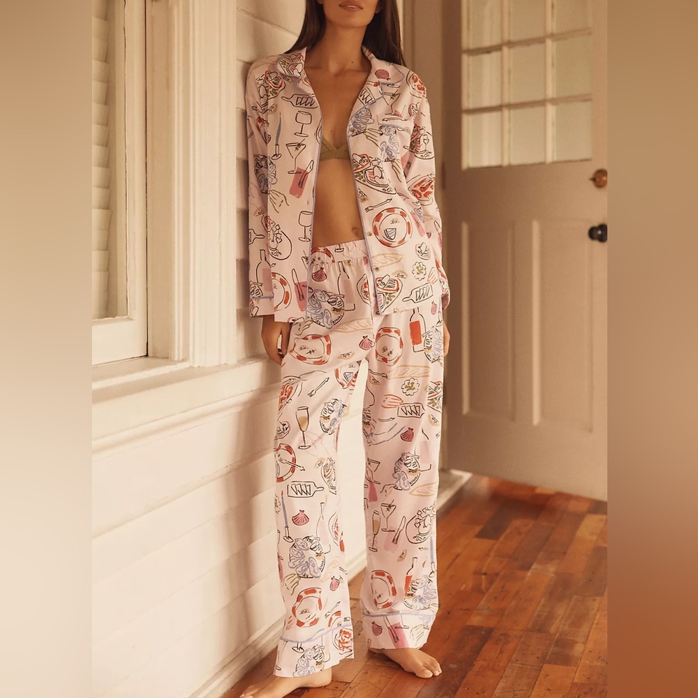 Lyrebird Pajama Set Womens Large Pink‎ Phthalo Ruth Dinner Party Button Up Wine